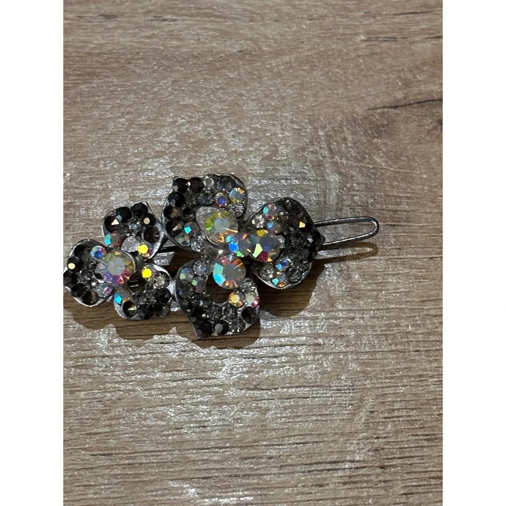 Vintage Silver Tone AB Iridescent Rhinestone Flower Hair Clip 2 